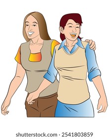 A woman is walking while embracing her female friend.
Illustration in colors and vector format.  