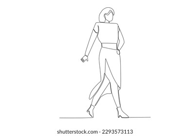 A woman walking while posing on stage. Fashion show one-line drawing