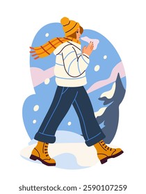 Woman walking in winter attire, flat graphic style, snowy mountain background. Concept of winter stroll. Vector illustration