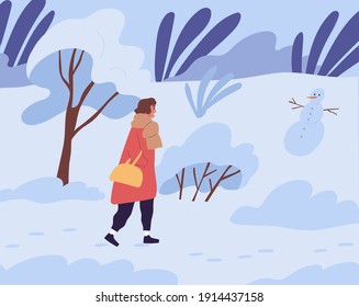 Woman walking in winter park with trees covered with snow. Side view of female character outdoors. Colored flat vector illustration of landscape in cold and freezing weather