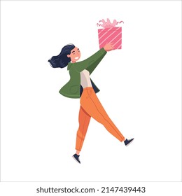 Woman Walking with Wrapped Gift Box for Holiday Celebration Vector Illustration