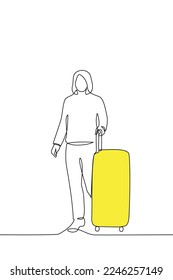 woman walking with yellow big suitcase on wheels - one line drawing vector. concept female tourist or traveler