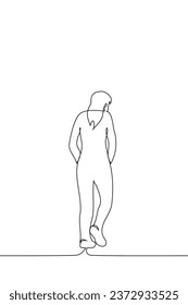 woman walks away hunched over with her hands in her pockets - one line art vector. concept leaving, sad gait, bad posture, sad woman leaving