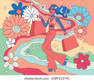 woman walks with bags after shopping for fun pop art style spring flowers and bright colors	