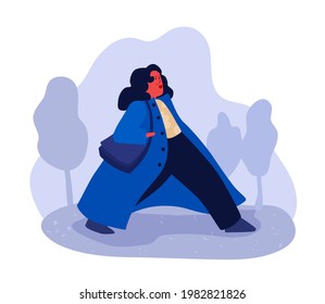 A woman walks by the autumn street, wears a stylish coat. A vector cartoon illustration.