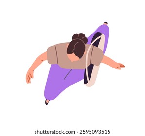 Woman walks, carries tote bag on shoulder top view. Seen from above girl strolls, rushing. Female wearing skirt or dress goes outdoors overhead. Flat isolated vector illustration on white background