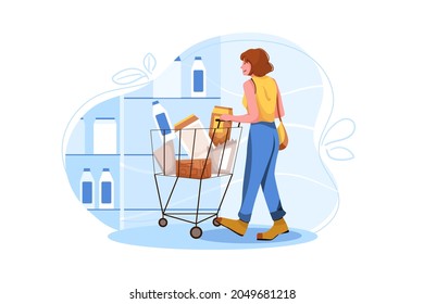A woman walks with a cart full of cargo Illustration concepts. Flat illustration isolated on white background.
