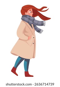 A woman walks in a coat and scarf in the wind. Autumn, fall. Flat vector clipart, illustration with isolated background.