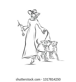 Woman walks with dalmatians. Lady in vintage style with rose and dogs walks.  Drawing for coloring