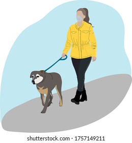 A woman walks with a dog alone. Safe walk. Girl with with a pet on a walk.