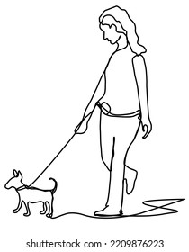 woman walks with dog one line draw