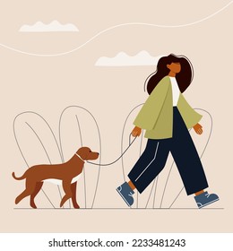 Una mujer camina con un perro.  Ilustración del vector