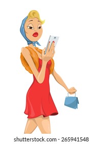 A woman walks down to the store and talking on the phone. Illustration on white background 