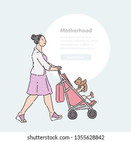 Woman walks down street with baby in stroller. Walk mom child in summer time vector line art illustration banner and round area for text.