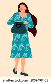 A woman walks down the street and looks for something in her bag.  Cartoon vector illustration.