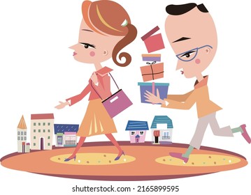 A woman walks down the street with a man carrying her shopping bags behind her.vector illustration