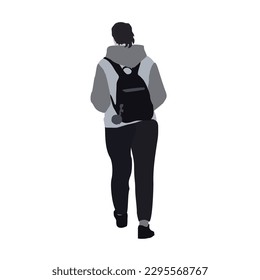 A woman walks down the street in spring clothes. 2D image for use as an entourage. Vector flat city infographics.