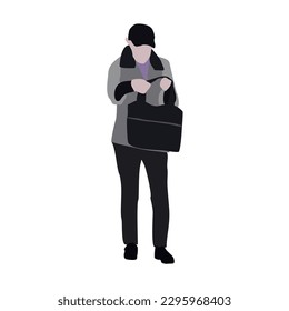 A woman walks down the street in spring clothes. 2D image for use as an entourage. Vector flat city infographics.