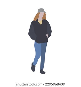 A woman walks down the street in spring clothes. 2D image for use as an entourage. Vector flat city infographics.