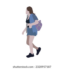 A woman walks down the street in summer clothes. 2D image to use as entourage. Flat city vector infographic.