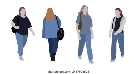 A woman walks down the street in summer clothes. 2D image to use as entourage. Flat city vector infographic.