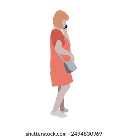 A woman walks down the street in summer clothes. 2D image to use as entourage. Flat city vector infographic.