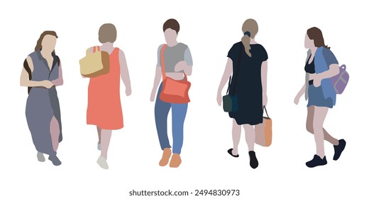 A woman walks down the street in summer clothes. 2D image to use as entourage. Flat city vector infographic.