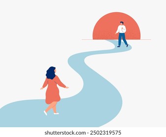 Woman walks forward toward her beloved. The pathway to the reunion of a young couple in a long-distance relationship. Family reunification policy and migration concept. Vector illustration.