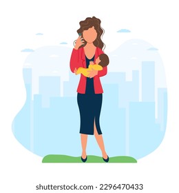 A woman walks with her child while working on the phone. The problem of women's priorities between childbirth and career. The concept of being able to work during motherhood.  