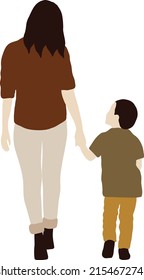 
A woman walks with her son by the hand