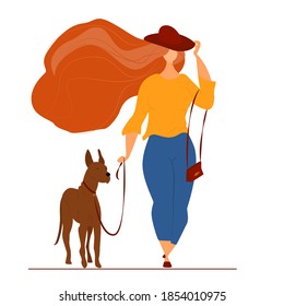 A woman walks in high winds with a Great Dane on a leash. Isolated woman walking on white. Vector in a flat style. Body positive, friendship with a pet. Taking care of the dog concept.