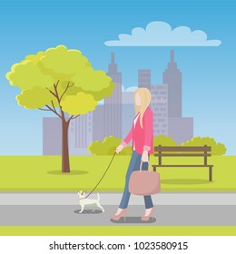 Woman walks with little dog in park near city surrounded by tall tree, wooden bench, thick bushes and skyscrapers on horizon vector illustration.