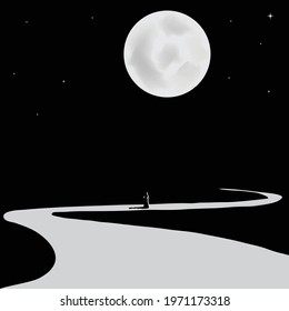 A woman walks a lonely road beneath an oversize moon.