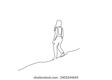 woman walks on the hill in nature calm relax back rear behind view one line art design