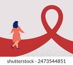 Woman walks pink or red Ribbon Pathway. Concept for raising awareness about the treatment and prevention of breast cancer or HIVAIDS. Symbol of hope. Health promotion Vector illustration