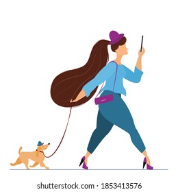 A woman walks quickly and talks on a smartphone. Walking the dog on a leash. Fashionable and modern girl is in a hurry. Body positive, active lifestyle. Vector in a flat style.