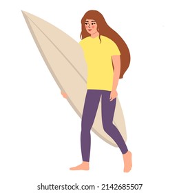 woman walks with a surfboard. isolated vector illustration