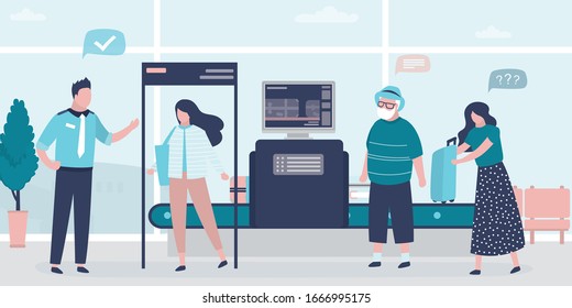 Woman walks through door frame metal detector. Airport security. X-ray luggage scanner. Checking baggage inside airport. Public transport safety concept. Staff and various passengers. Vector