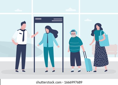 Woman walks through door frame metal detector. Airport security. Public transport safety concept. Staff and various passengers. Humans characters. Trendy style vector illustration