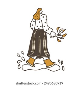 Woman walks through the puddles with a bunch of leaves in her hand. Vector hand drawn doodle illustration isolated on white background.