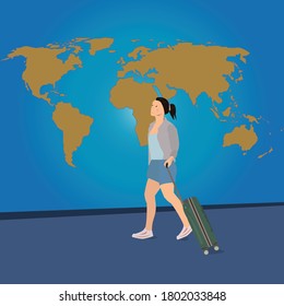 
woman walks with travel suitcase looking to the world map