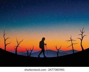 Woman walks with trekking poles. Hiking at mountain range before dawn