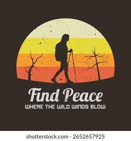 Woman walks with trekking poles. Hiking at mountains. 60s, 70s label
