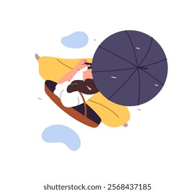 Woman walks with umbrella top view. Seen above head girl hiding from rain, rainy weather under brolly. Female with bag and parasol overhead. Flat isolated vector illustration on white background