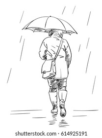 A woman walks under an umbrella in rainy weather, back view, Hand drawn line art vector illustration