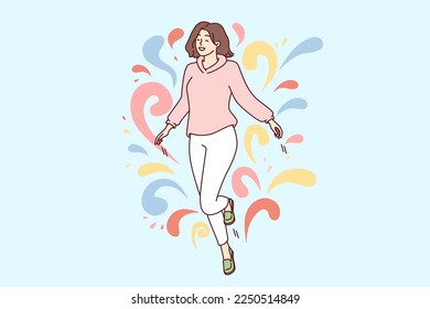 Woman walks in weightlessness and waves arms located among multi-colored drops flying in different directions. Carefree girl feels happy after dating or taking antidepressants. Flat vector design 