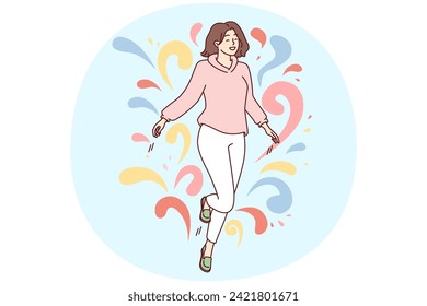 Woman walks in weightlessness and waves arms located among multi-colored drops flying in different directions. Carefree girl feels happy after dating or taking antidepressants. Flat vector design