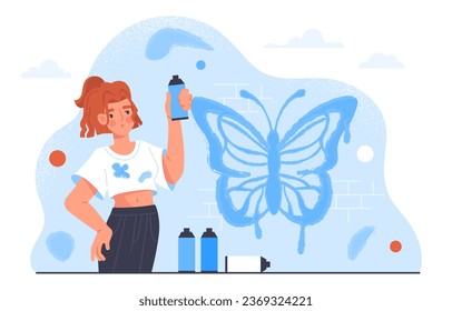 Woman with wall painting concept. Young girl with spray paint paints silhouette of butterfly on wall. Art and creativity at city streets. Vandalism and hooliganism. Cartoon flat vector illustration