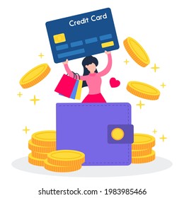 Woman in wallet with shopping bags and carry a credit card. The creative banking concept of cashback from payment. Simple trendy cute cartoon character vector illustration. Modern flat style graphic.