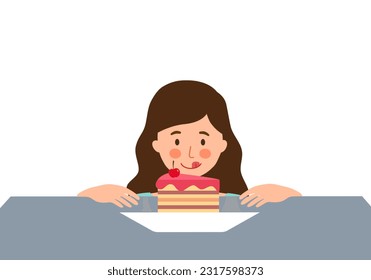 Woman want to eat strawberry cake sweet dessert in flat design on white background.